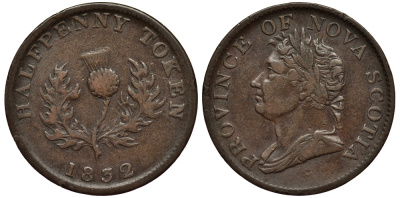КАНАДА 1/2 ПЕННИ 1832 NOVA SCOTIA, ГЕОРГ, ЧЕРТОПОЛОХ, ТОКЕН KM 1 медь 1524-1111