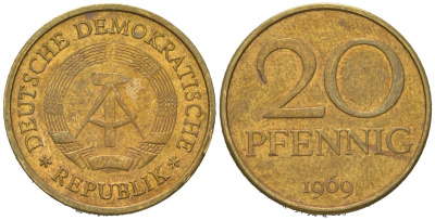 ГДР 20 пфеннигов 1969 первый год KM 11 латунь 4577-1215