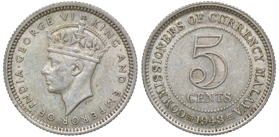 Британская Малайя 5 центов 1943 Георг VI (1937-1952) KM 3a серебро 53-141