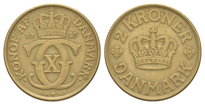 Дания 2 кроны 1925 HCN; GJ, Кристиан X (1912-1947) KM 825 алюминиевая бронза 115-745