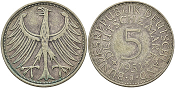 ФРГ 5 марок 1951 J (Гамбург), J. 387, KM 112.1 серебро  4112-326