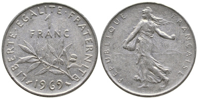 ФРАНЦИЯ 1 ФРАНК 1969 СЕЯТЕЛЬ KM 925.1 никель 59-412