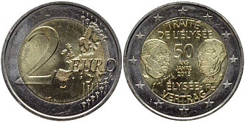 Франция 2 евро 2013 50 лет подписания "Елисейского договора" KM 2094 биметалл UNC 4112-331