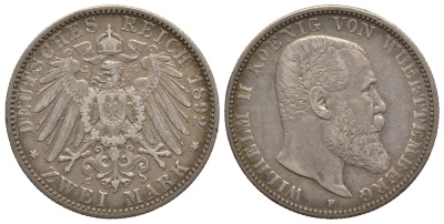 Вюртемберг 2 марки 1892 F, Вильгельм II (1891-1918) Weege 170, J. 174, KM 631 серебро 413-4822