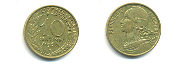 ФРАНЦИЯ 10 САНТИМОВ 1963 ТИП MARIANE KM 929, LE FRANC 144.3 алюминиевая бронза 86-1723