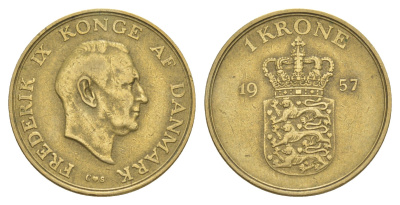 Дания 1 крона 1957 Фредерик IX (1947-1972) KM 837 алюминиевая бронза 4637-224