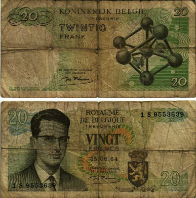 Бельгия 20 франков 1964 Бодуэн I, атомиум, d Haeze Pick 138 (1) бумага 7219-42-3-2
