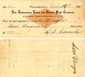 США чек на 100 долларов 1898 Филадельфия бумага 2196-17-3-2