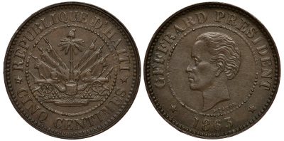 Гаити 5 сантимов 1863 Heaton, Президент Фабр Жеффрар KM 39 бронза 633-412