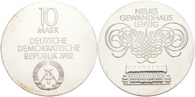 ГДР 10 марок 1982 А, Лейпциг, концертный зал KM 87 серебро UNC 00-000-00