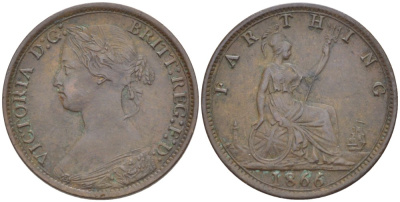 Великобритания 1 фартинг 1866 Виктория (1837-1901) KM 747.2, Spink 3958 бронза 4543-844