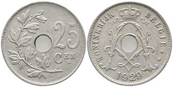 Бельгия 25 сантимов 1929 Belgie, Альберт I (1909-1934) KM 69 медно-никель 34-351