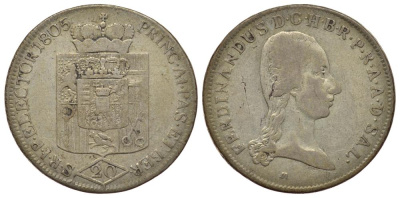 Австрия, Зальцбург 20 крейцеров 1805 М, Фердинанд III (великий герцог Тосканский) (1803-1806) KM 496, HZ 3412, Pr 2610 серебро 1522-741