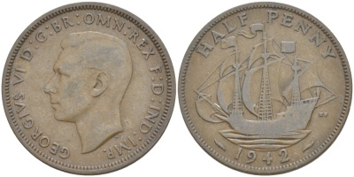 Великобритания 1/2 пенни 1942 Георг VI (1936-1952) KM 844, Spink 4115 бронза 4538-237