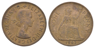 Великобритания 1 пенни 1962 Елизавета II (1952-2022) KM 897, Spink 4157 бронза 4661-911