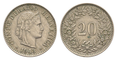 Швейцария 20 раппенов 1943 B KM 29a медно-никель 4625-1014