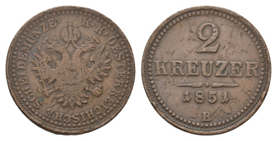 Австрия 2 крейцера 1851 B, Франц Иосиф I (1848-1916) KM 2189 медь    4577-354