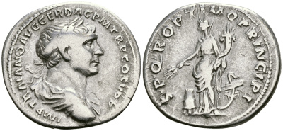 Римская Империя денарий 103 - 104 Траян SPQR OPTIMO PRINCIPI Абунданция, персонификация Изобилия Рим Very fine RIC 165 серебро 1073-4-3-1