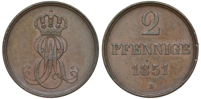 Ганновер 2 пфеннига 1851 B, Эрнст Август (1837-1851) KM 202.1, AKS 124, J. 75 медь 4681-1033