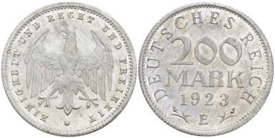 ГЕРМАНИЯ 200 МАРОК 1923 E KM 35, J. 304, Weege 22 алюминий 210-442