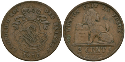 Бельгия 2 сантима 1876 Belges KM 35 медь 4135-947