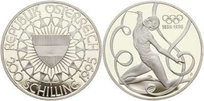 Австрия 200 шиллингов 1995 100 лет Олимпийским играм, гимнастика KM 3026 серебро PROOF 11-222-21