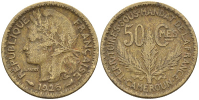 Французский Камерун 50 сантимов 1925 (а), монетный двор Париж KM 1 алюминиевая бронза 4164-1224