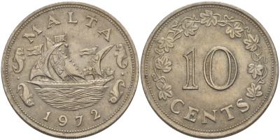 Мальта 10 центов 1972 баржа Великого магистра KM 11 медно-никель 82-612