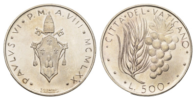 Ватикан 500 лир 1970 MCMLXX KM 123 серебро BU 270-414