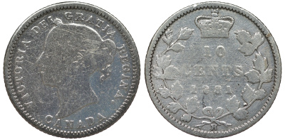 Канада 10 центов 1881 H, Виктория (1837-1901) KM 3 серебро    4588-1155