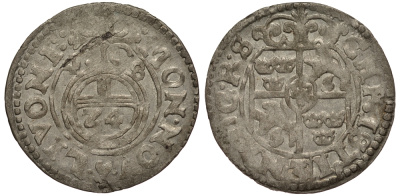 ЛИВОНИЯ, РИГА 1/24 ТАЛЕРА 1648 ШВЕДСКАЯ ОККУПАЦИЯ, КРИСТИНА (1632-1654), ВЕС 0,89 ГР. KM 3 серебро 1516-612