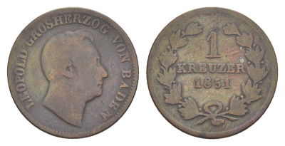 Баден 1 крейцер 1851 Леопольд (1830-1852) KM 218 медь 4639-538