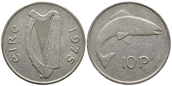Ирландия 10 пенсов 1975 лосось KM 23 медно-никель 4110-442