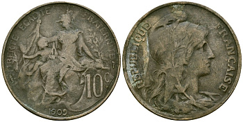 Франция 10 сантимов 1909 тип Дюпюи KM 843, LA FRANC 136.19 бронза 4558-314
