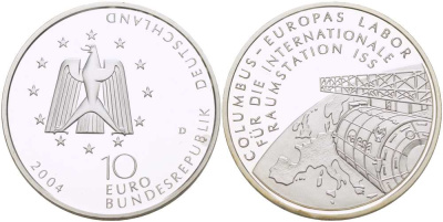 ФРГ 10 евро 2004 D, лаборатория Коламбус на МКС, космос, космическая станция KM 234, DE.S. 10.17 серебро PROOF 00-00