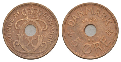 Дания 5 эре 1939 N, Кристиан X (1912-1947) KM 828 бронза 4657-255