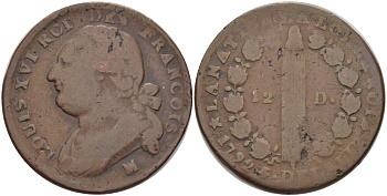 Франция 12 денье 1792 МА, Людовик XVI (1774-1793) KM 600.11 (С88.10) бронза 3460-243