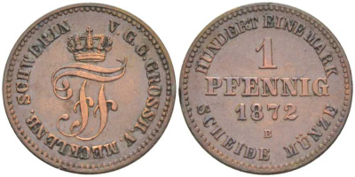 Мекленбург-Шверин 1 пфенниг 1872 В, Фридрих Франц II (1842-1883) KM 315 (С102), AKS 50, J.60 медь 206-263