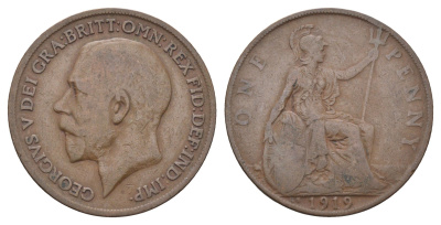 Великобритания 1 пенни 1919 Георг V (1910-1936) KM 810, Spink 4051 бронза 4661-624