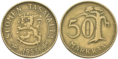 Финляндия 50 марок 1953 H KM 40 алюминиевая бронза 4586-821