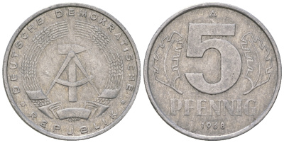ГДР 5 пфеннигов 1968 A KM 9.1 алюминий 4625-235