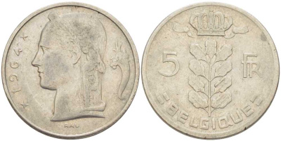 БЕЛЬГИЯ 5 ФРАНКОВ 1964 BELGIQUE, БОДУЭН I (1951-1993) KM 134.1 медно-никель 202-1237