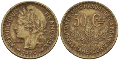Камерун 50 сантимов 1926 (a), мондвор Париж KM 1 алюминиевая бронза 4164-1257