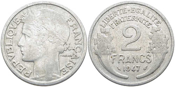 Франция 2 франка 1947 KM 886a.1, LE FRANC 269.10 алюминий 4112-626