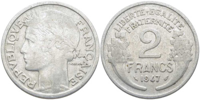 Франция 2 франка 1947 KM 886a.1, LE FRANC 269.10 алюминий 4112-626