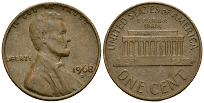 США 1 цент 1968 D, Линкольн KM 201 медь цинк 4136-127