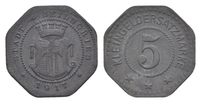 Байльнгрис 5 пфеннигов 1917 Funck 32.1, Men05 1696.1, Men18 2188.1 цинк 1528-841