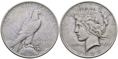США 1 доллар 1926 D, доллар мира KM 150 серебро 00-1067-4-43