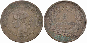 ФРАНЦИЯ 5 САНТИМОВ 1894 А, ТРЕТЬЯ РЕСПУБЛИКА (1871-1940) KM 821.1, LE FRANC 118.37 бронза 108-643
