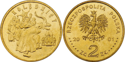Польша 2 злотых 2001 MW, коледничи, колядки, рождество, сочельник KM 422 нордик UNC 4526-412